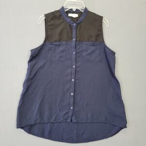 Aeropostale Blue Black Sleeveless Blouse Button Up Sheer Tank Women's Size L Top